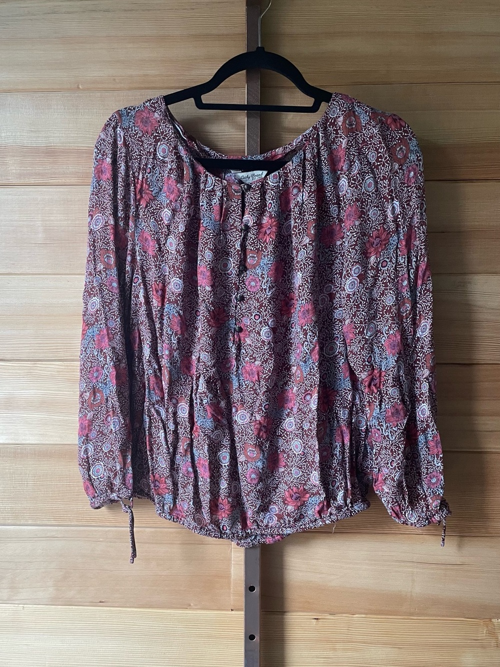 Lucky Brand Boho Floral Long-Sleeve Peasant Top - Pink/Brown